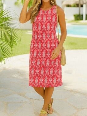 J. McLaughlin Catalina Cloth Pineapple Print Sheath Dress Size L Bright Pink